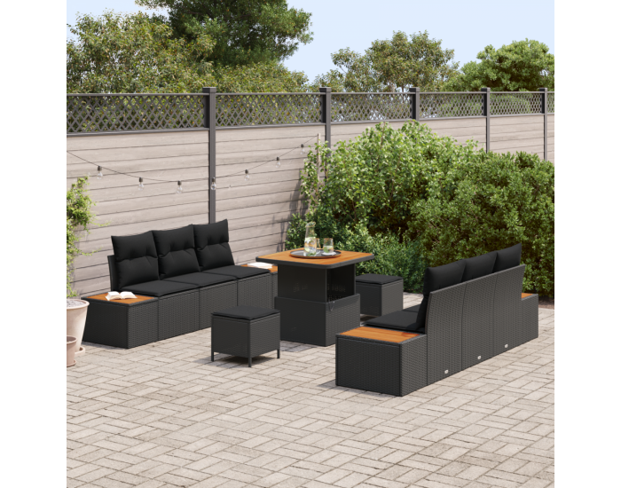 Sonata H 9 Piece Garden Sofa Set with Cushions Black Poly Rattan Acacia