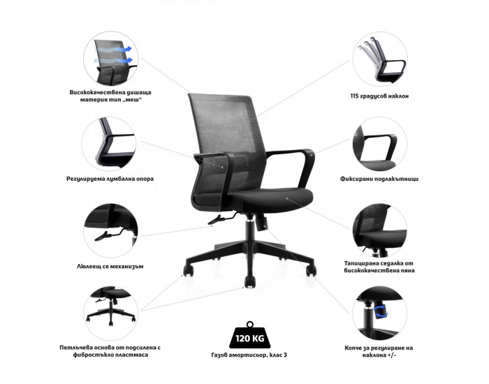 Офис стол RFG Smart W, дамаска и меш, Tilt механизъм, до 120 kg, черна седалка, черна облегалка