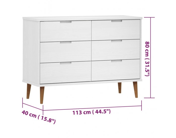 Sonata H Шкаф с чекмеджета MOLDE, бял, 113x40x80 см, борово дърво масив