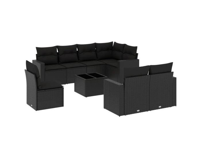 Sonata Set mobilier de grădină cu perne, 9 piese, negru, poliratan