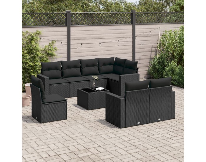 Sonata Set mobilier de grădină cu perne, 9 piese, negru, poliratan