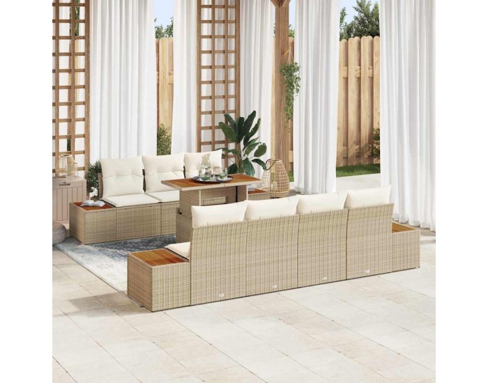 Sonata H 8 Частен Градински Диннинг Комплект с Възглавници Бежов Полирано Ратан Акация