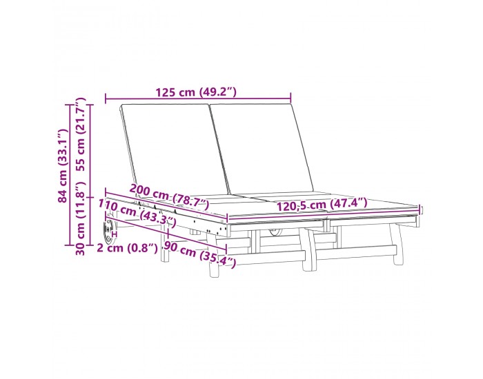 Sonata H Шезлонг Кафяво 125 x 200 x 84см Масивна акациева дървесина