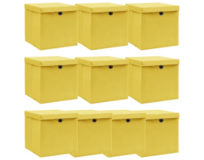 Sonata Кутии за съхранение с капаци 10 бр жълти 32x32x32 см текстил