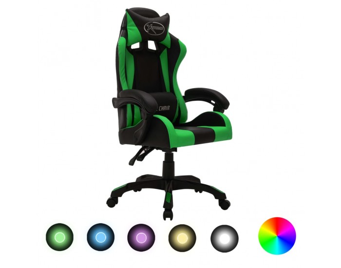 Sonata Геймърски стол RGB LED осветление зелено/черно изкуствена кожа