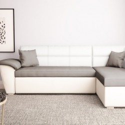 Ъглов диван Sonata-dst, бяла кожа и сиво - Mobilier tapițat