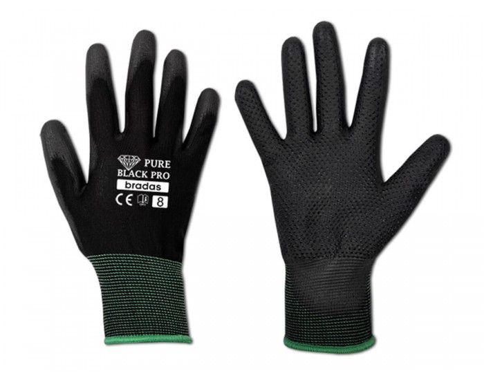 Ръкавици Bradas PURE BLACK PRO PU полиуретанови с PVC точки, размер 10